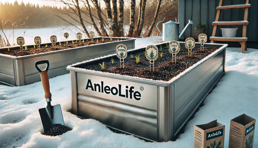 Raised beds in a snowy garden, featuring labeled seedlings and gardening tools