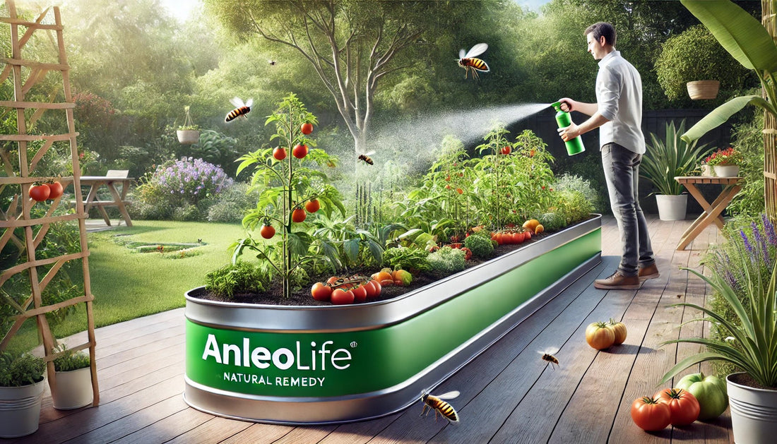 A man tending to a vibrant garden bed labeled "AnleoLife Natural Remedy," surrounded by bees and fresh produce.