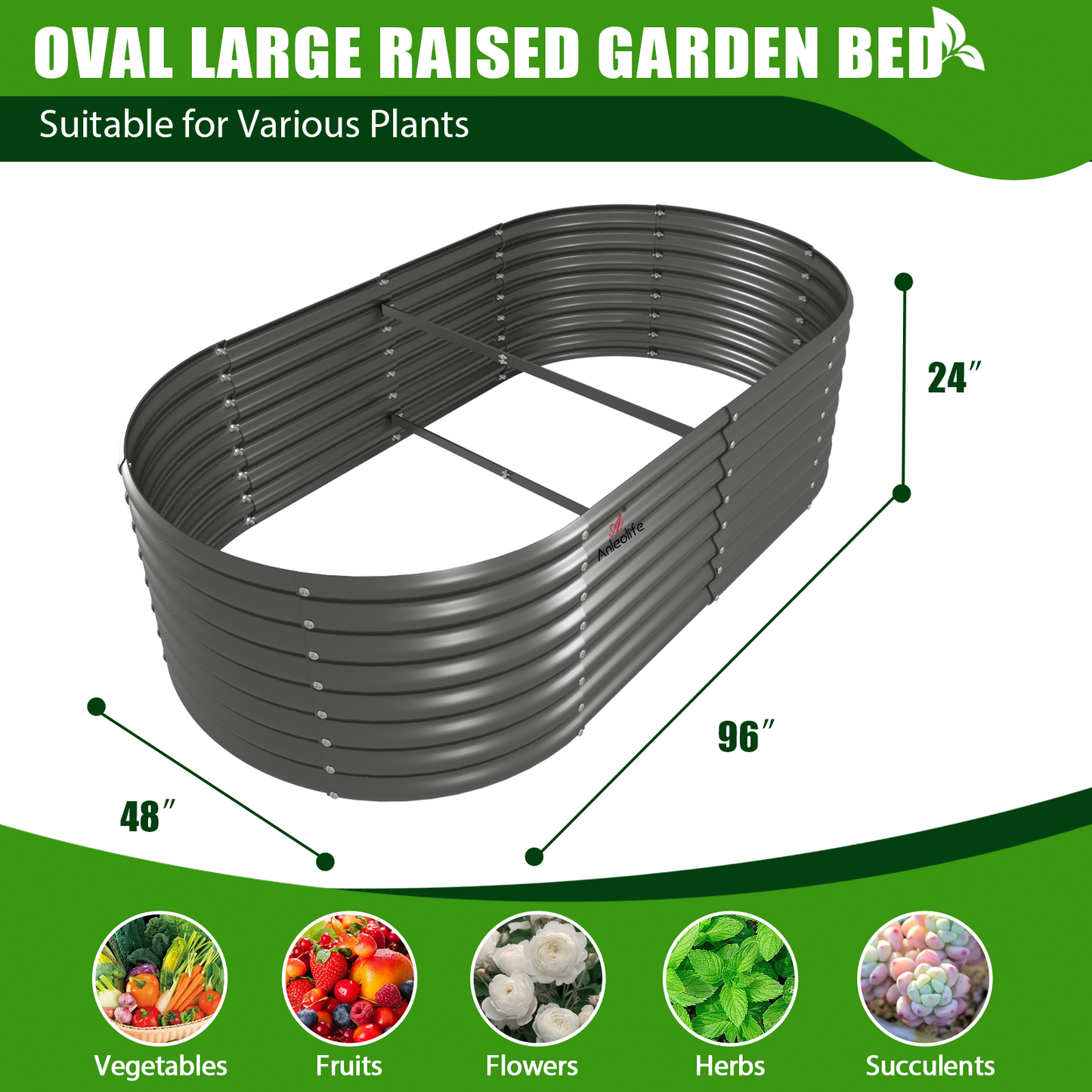 Set of 2: 8x4x2ft Oval Modular Metal Raised Garden Bed (White or Grey)