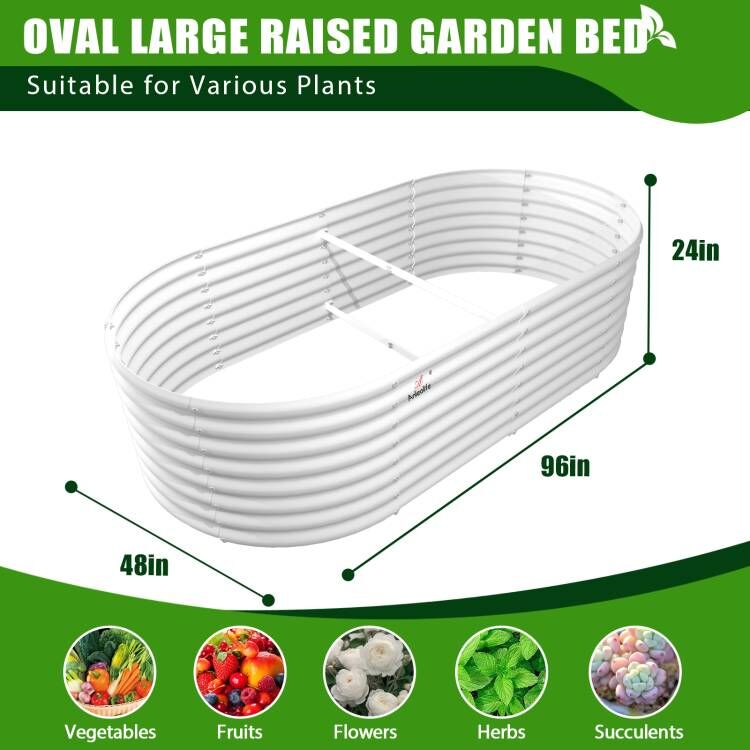 Set of 8: 8x4x2ft Oval Modular Metal Raised Garden Beds (Grey/White)