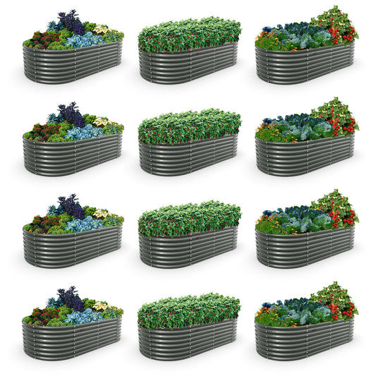 Set of 12: 8x4x2ft Oval Modular Metal Raised Garden Beds (Grey)