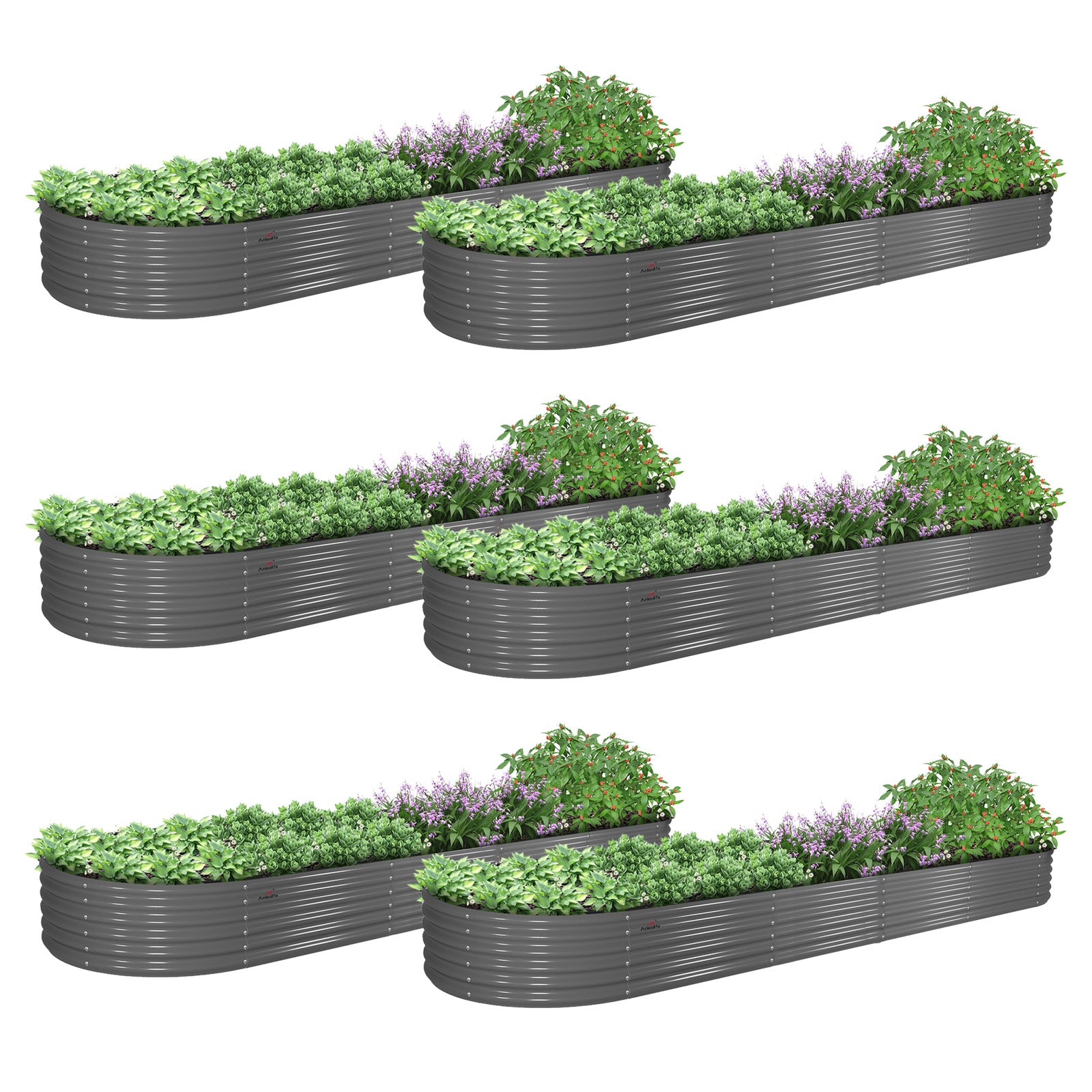 Set of 6: 12x3x1.5ft Oval Modular Metal Raised Garden Bed (Grey)