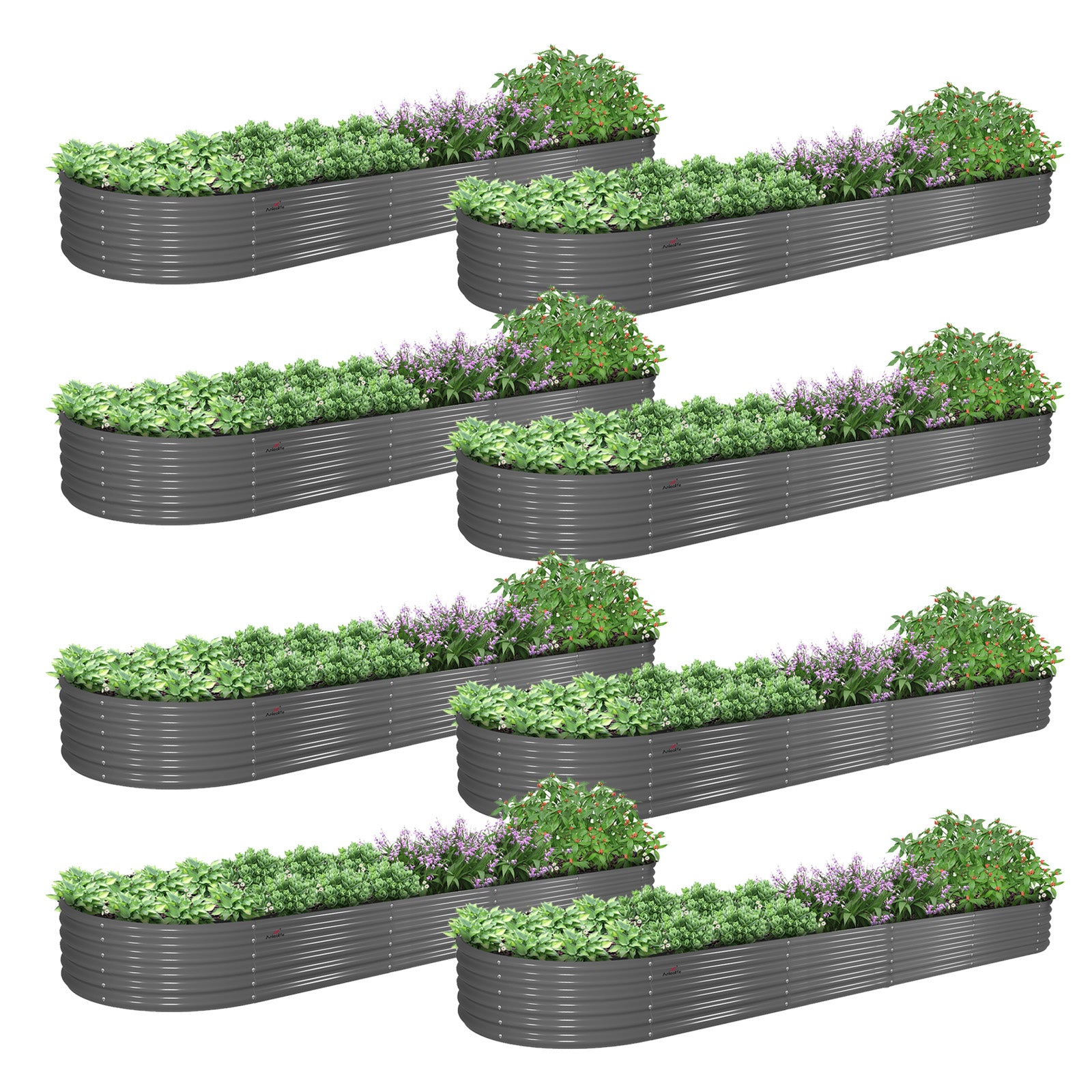 Set of 8: 12x3x1.5ft Oval Modular Metal Raised Garden Bed (Grey)