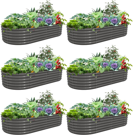 Set of 6: 8x4x1.5ft Oval Modular Sturdy Metal Raised Garden Bed (Grey)