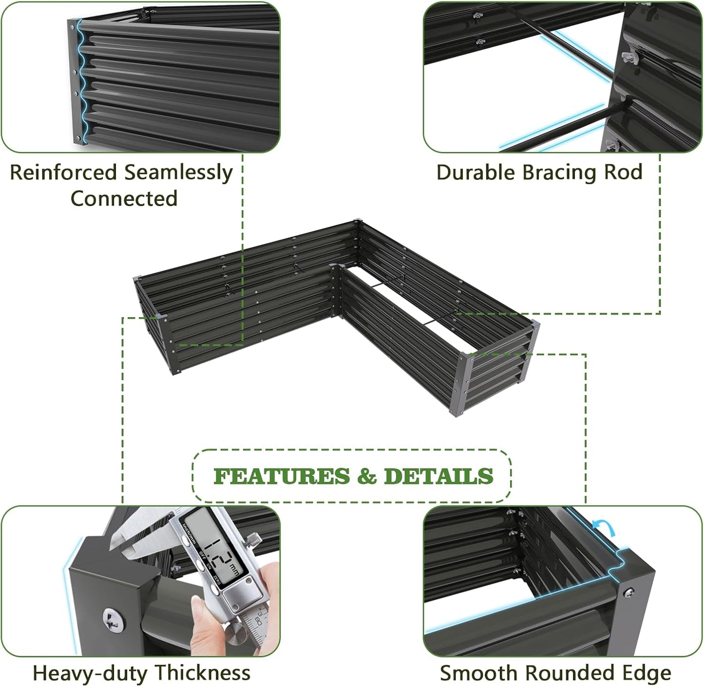 Set of 8: 74''x74''x18'' &  72'' x36'' x18'' Geometric Metal Raised Garden Bed Layout - Grey