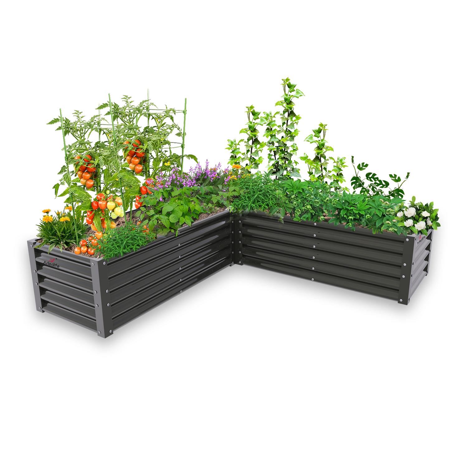 74''x74''x18'' L-shaped Galvanized Steel Raised Garden Bed - Grey