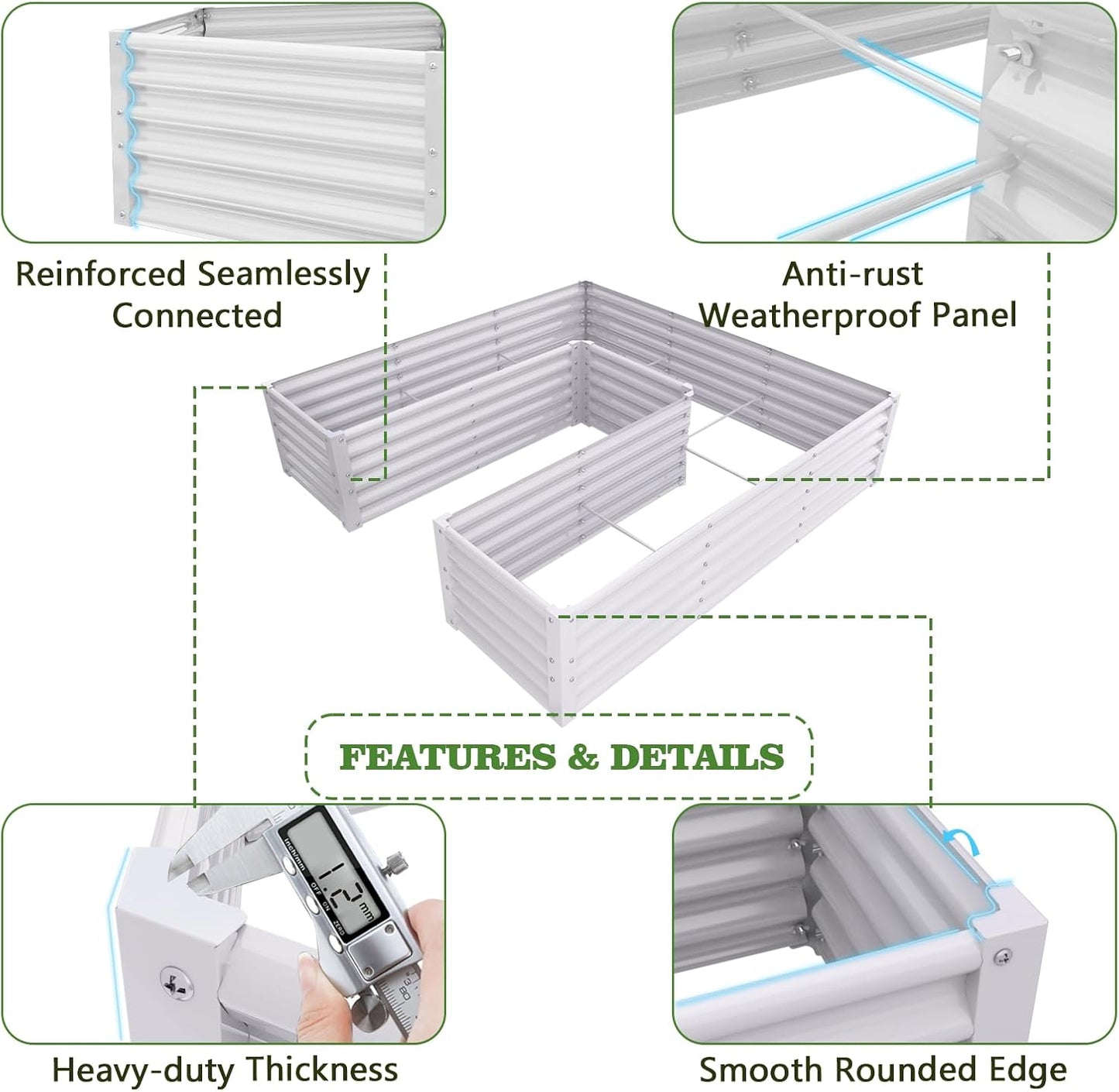 74''x74''x18'' U-shaped Galvanized Steel Raised Garden Bed - White