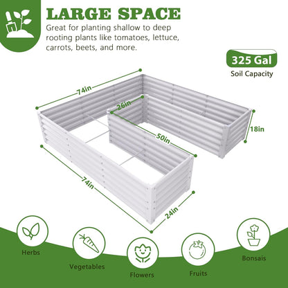 74''x74''x18'' U-shaped Galvanized Steel Raised Garden Bed - White