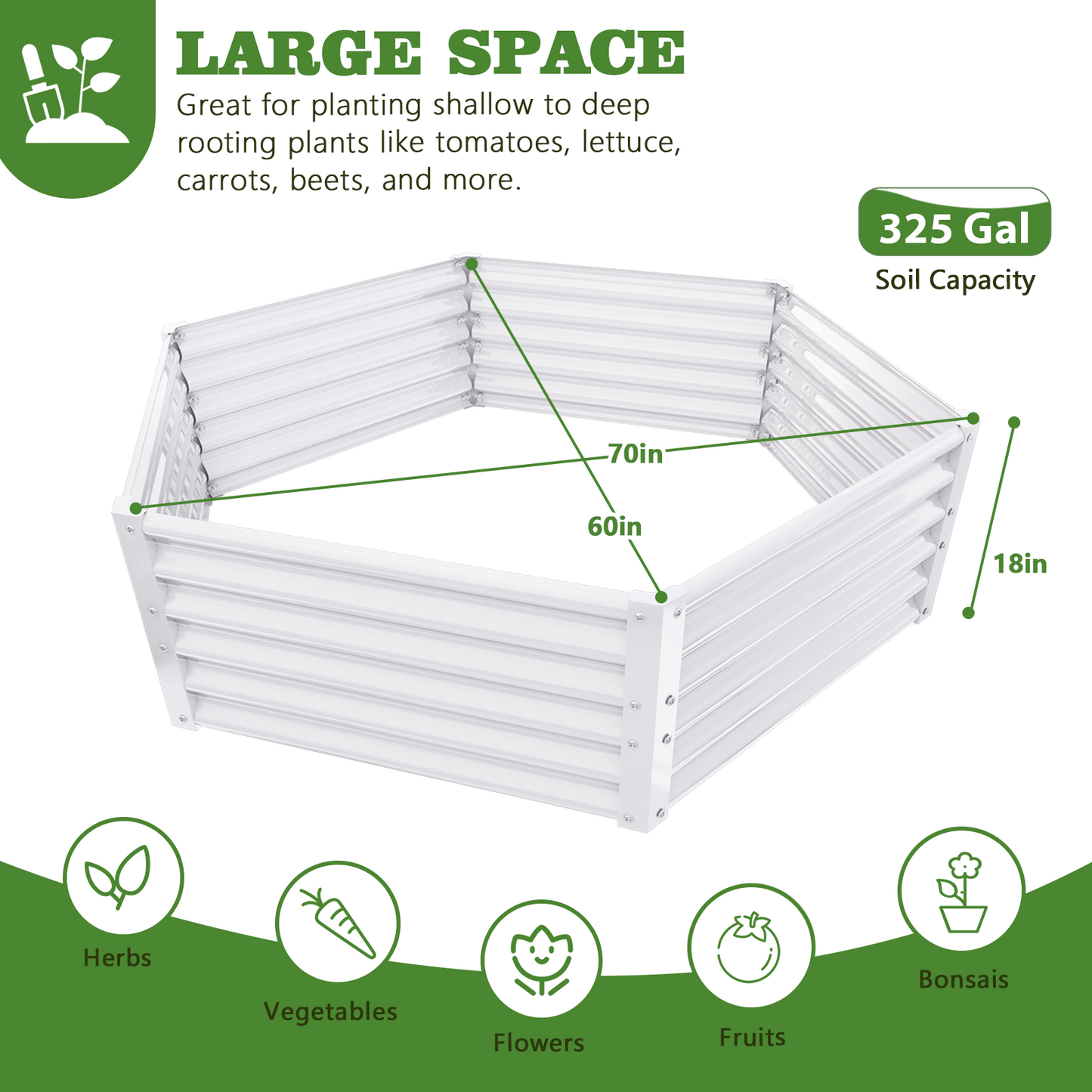 70''x60''x18'' Hexagon Galvanized Steel Raised Garden Bed - White