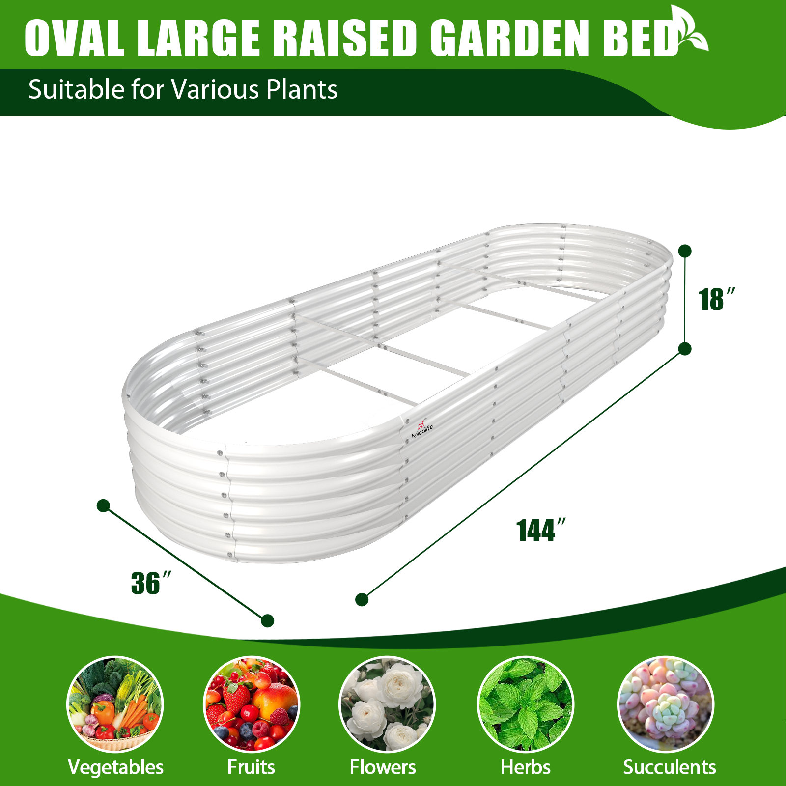 Set of 8: 12x3x1.5ft Oval Modular Metal Raised Garden Bed (White)