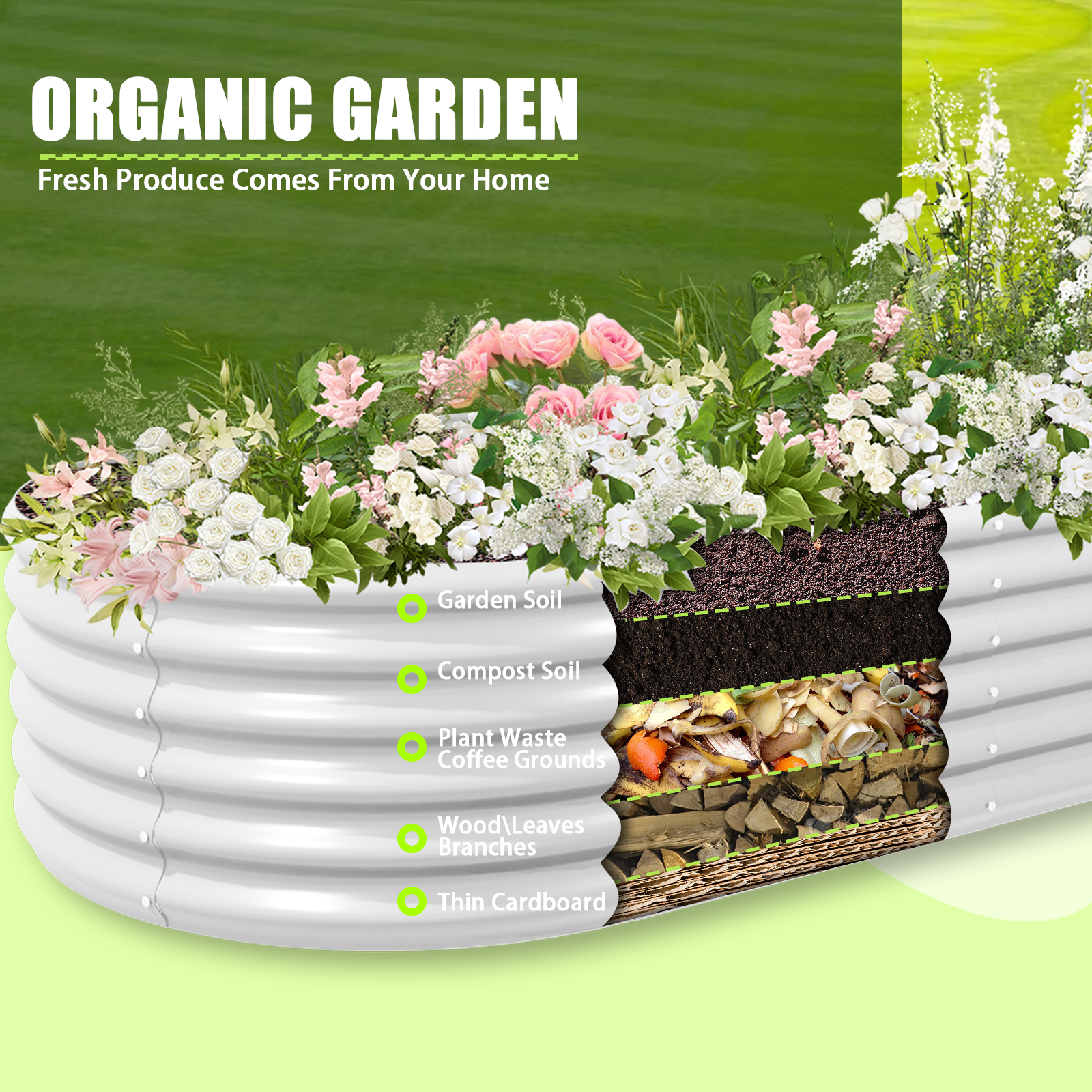 Set of 8: 12x3x1.5ft Oval Modular Metal Raised Garden Bed (White)