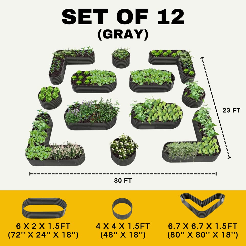 Set of 12:  72''x24''x18'', 48''x18'', 81''x81''x18'' Raised Garden Beds Layout -Grey