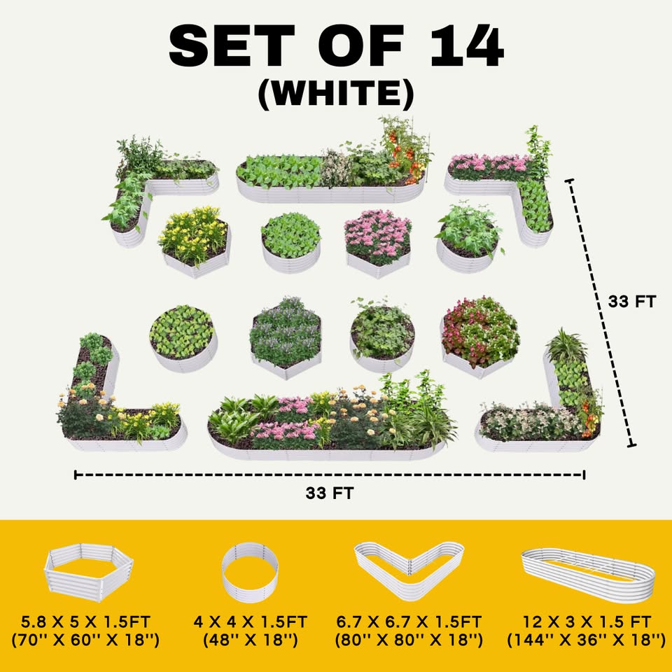 18" Tall Modular Raised Garden Bed Set, 14-Piece White Layout for Customizable Gardening