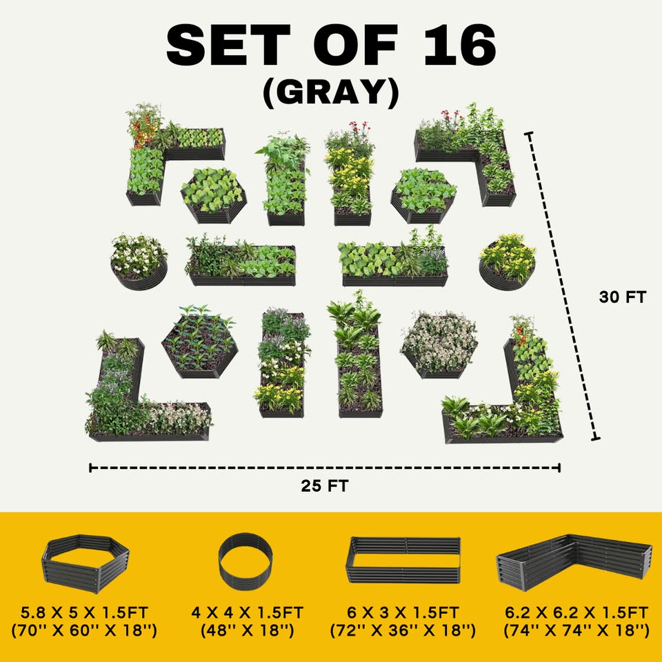 18" Tall Modular Raised Garden Bed Set, 16-Piece Grey Layout for Customizable Gardening