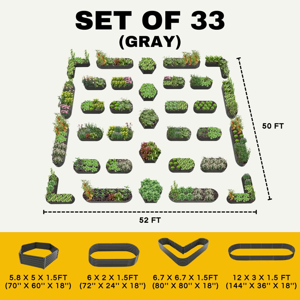 18" Tall Modular Raised Garden Bed Set, 33-Piece Grey Layout for Customizable Gardening