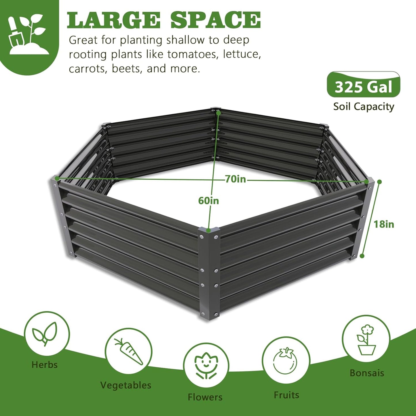 Set of 8: 70''x60''x18'' & 74''x74''x18'' Geometric Metal Raised Garden Bed Layout -Grey