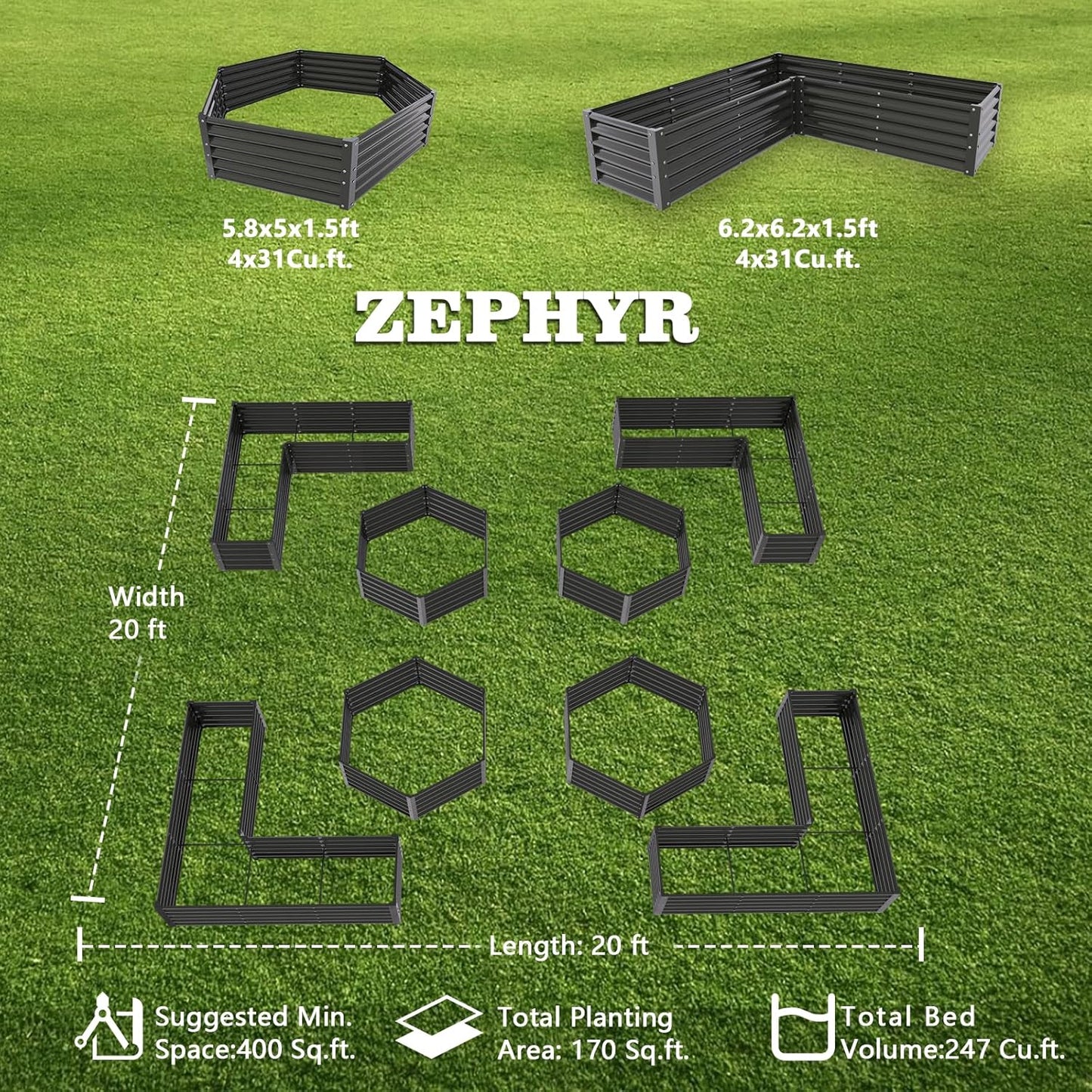 Set of 8: 70''x60''x18'' & 74''x74''x18'' Geometric Metal Raised Garden Bed Layout -Grey