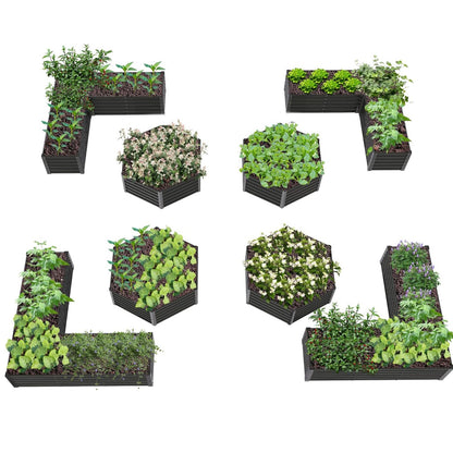 Set of 8: 70''x60''x18'' & 74''x74''x18'' Geometric Metal Raised Garden Bed Layout -Grey