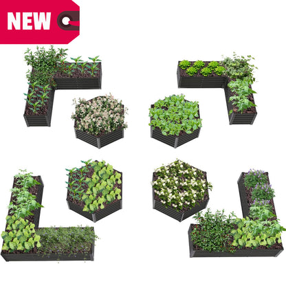 Set of 8: 70''x60''x18'' & 74''x74''x18'' Geometric Metal Raised Garden Bed Layout -Grey